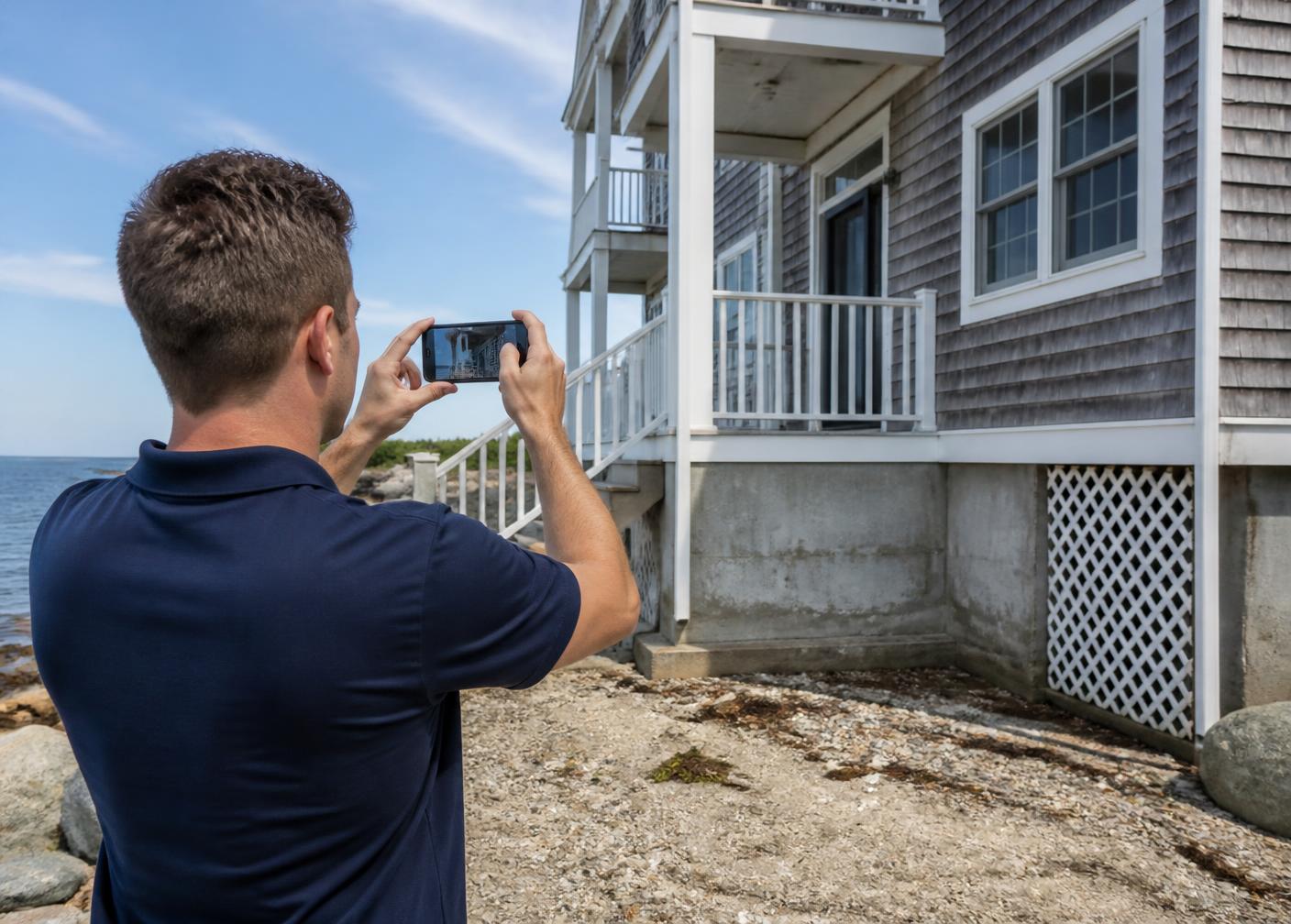 A Seahoam team member photographing the exterior of a coastal home during a property check